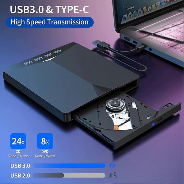 USB Ekstern CD DVD-stasjon USB 3.0 Brenner Kompatibel Windows 11/10/8/7 Linux Mac OS