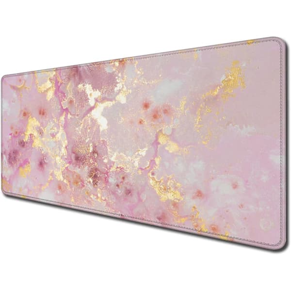 Large Mouse Pad, Cute Pink Desk Mat for Computer, Marble Keyboard Mouse Mat, Non-Slip Rubber Base