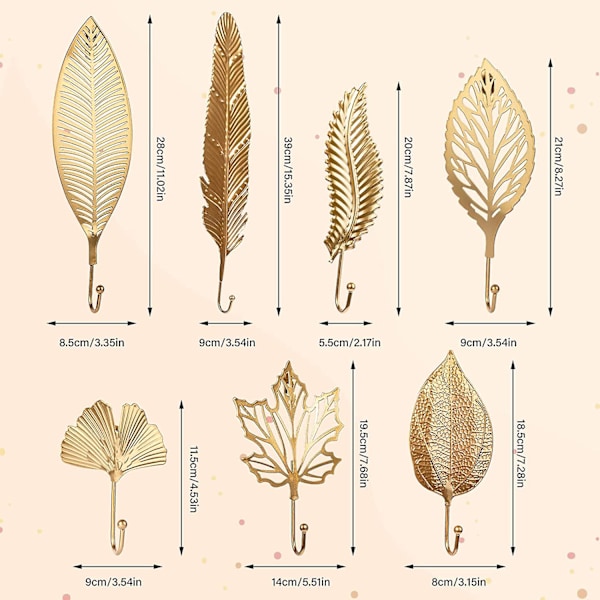 Sæt med 7 dekorative blade af jernkroge Ekstra stor plante Moderne nøgleholder Vægmonteret Guld Enkelt krog Frakkebøjle Til gange, Stue Guld -