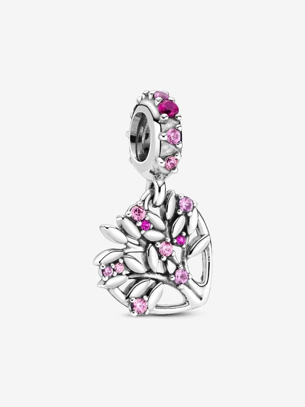 - Pink Heart Family Tree Dangle Charm - Sterling Silver
