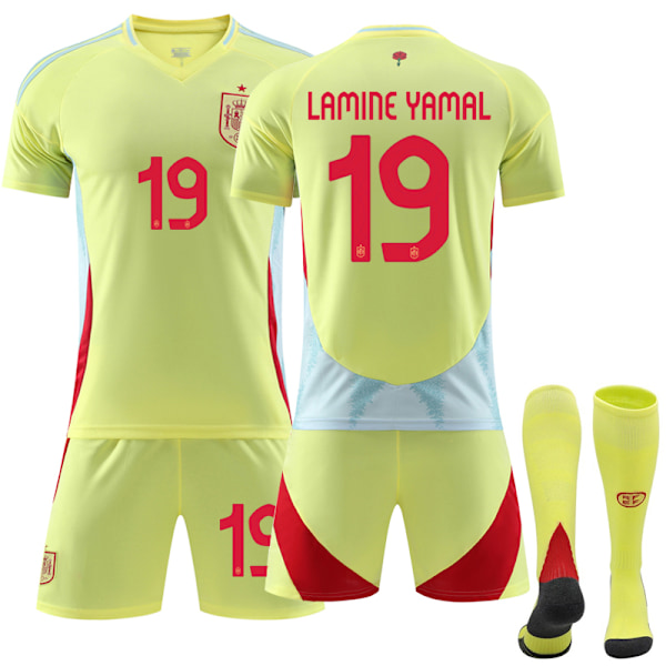 UEFA Euro 2024 Spania Borte Barn/Voksen Fotballtrøye Sett Nr 19 Yamal Away Away 22