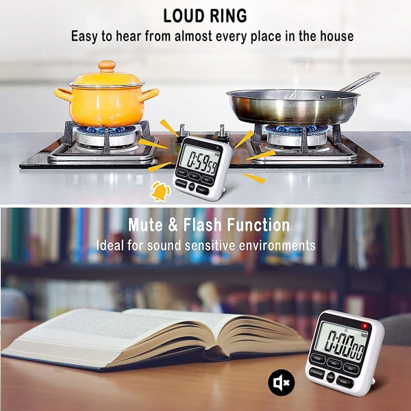 Digital køkkentimer med lydløs/høj alarm tænd/sluk-knap, 12 timers ur og alarm