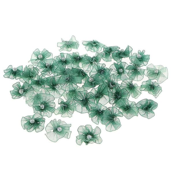 5x40 Chiffonblomster med Perle Flatback-knapper Pynt DIY Håndverk Grønn