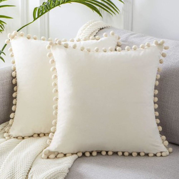 Pudebetræk med pomponer, bløde partikler, fløjl, ensfarvede pudebetræk 45x 45cm til sofa, soveværelse, bil, pakke med 2