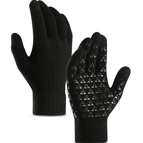 Herre- og dame strikkede touchscreen varme hansker ull sklisikre tykkede fleeceforede ski hansker Black and white