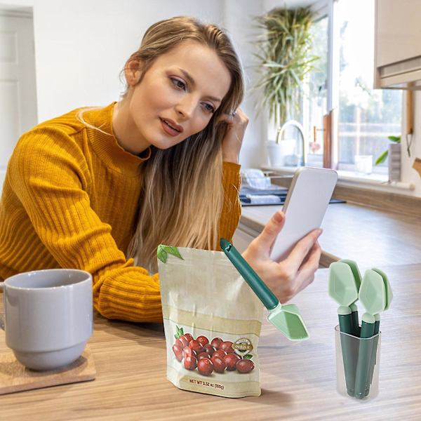 Fire kaffeskjeer, to i en melkepulvermåleskje med forsegling, egnet for multifunksjonell matposeforsegling av kaffebønner, Coff