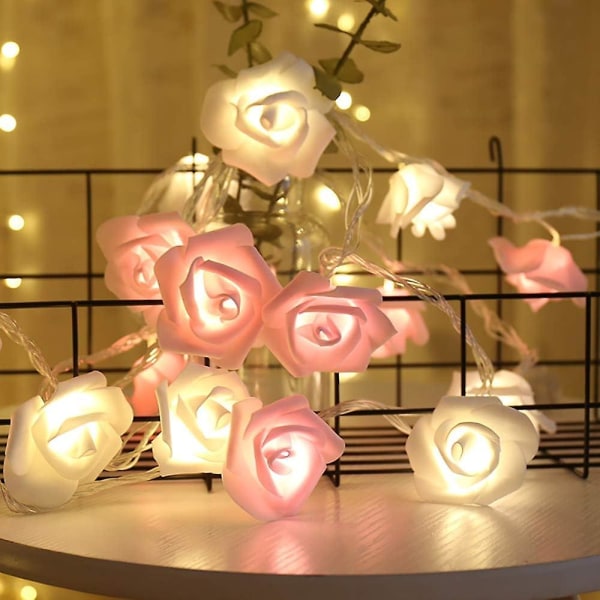 Rose Lyskæde 40 Led Stak Drevet Rose Blomst Varm Hvid Rose Fe Lys Romantisk Hjem Have Dekoration Bryllup Fest Valentinsdag Jul