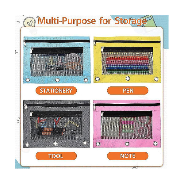 20 stk. blyanttasker til 3-rings binder lynlås blyantpung etui taske med 2 lommer mesh vindue binde