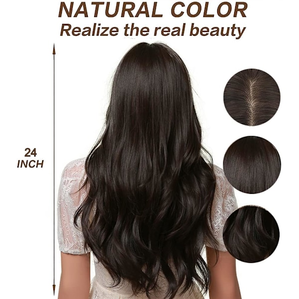 60 cm Mörkbrun Syntetisk Naturlig Lång Vågig Peruk med Rak Lugg för Kvinnor Dark Brown