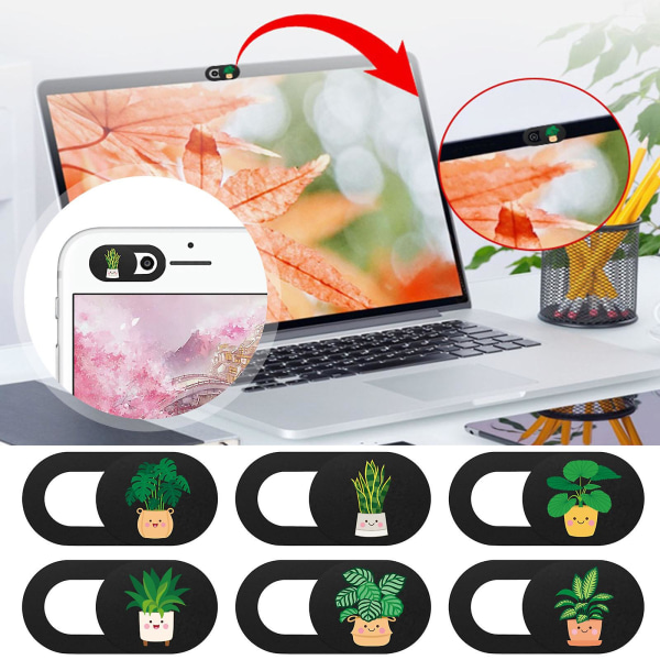6-pack webkameradeksel Ultratynt kamera Privacy Shield Skyvedeksel for bærbar PC Mobiltelefon Webkameradeksler Potteplante-dekor Black