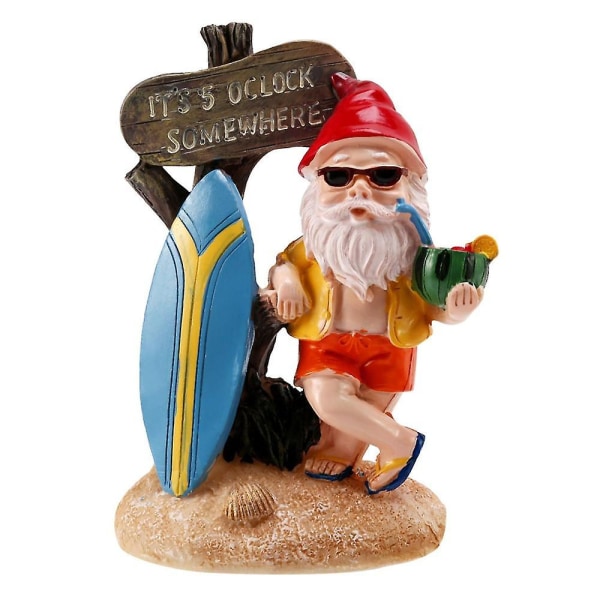 Sjovt gnome-figur i harpiks med surfboard-velkomstskilt - Det er 5 o'clock somewhere-statue til hjemmet