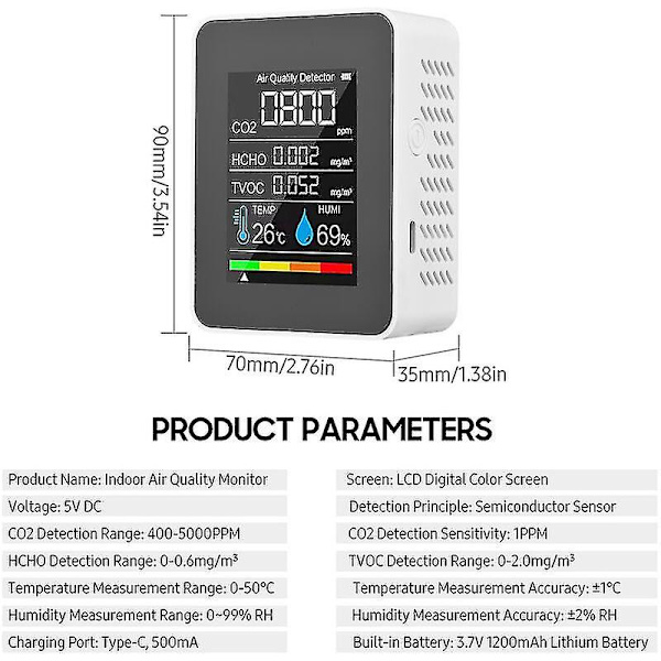 Fem-i-en gasdetektor med LCD-digitalt display, farveskærm, kuldioxiddetektor (indbygget batteri), hvid (hus med skrå huller og tilfældig farve)