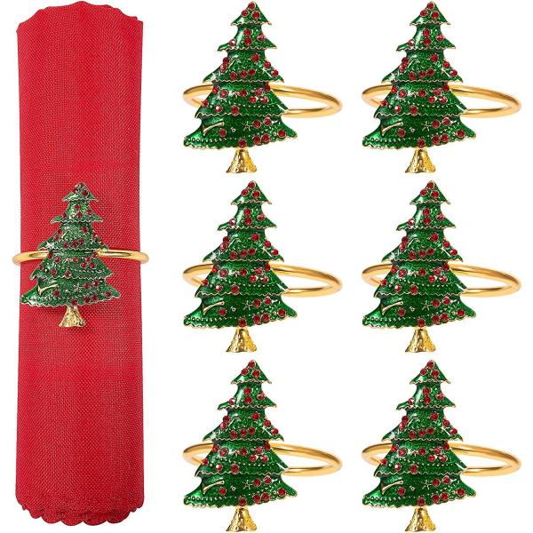 Jul servettringar- set med 6 julgran med röda bär Servetthållare för julfest Middag Bröllopsbankett Matbordsuppsättning