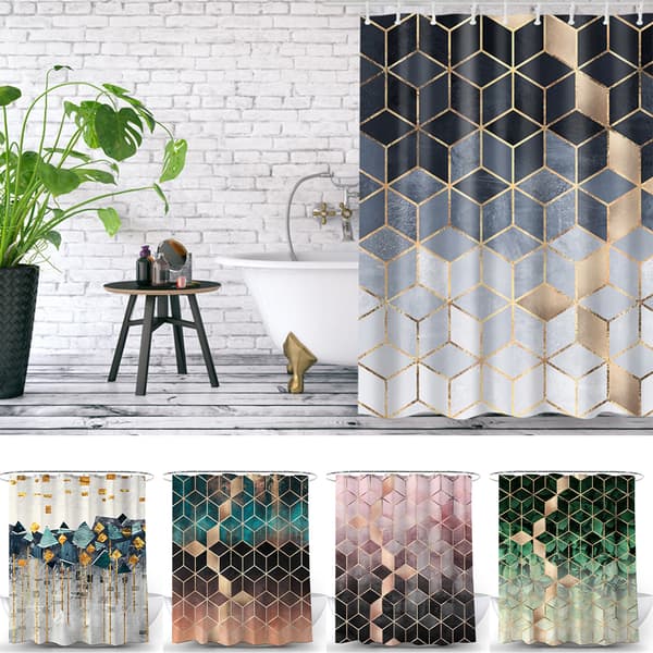 Baderom Geometrisk trykt dusjforheng med sekskantkrok E E E 180*200cm