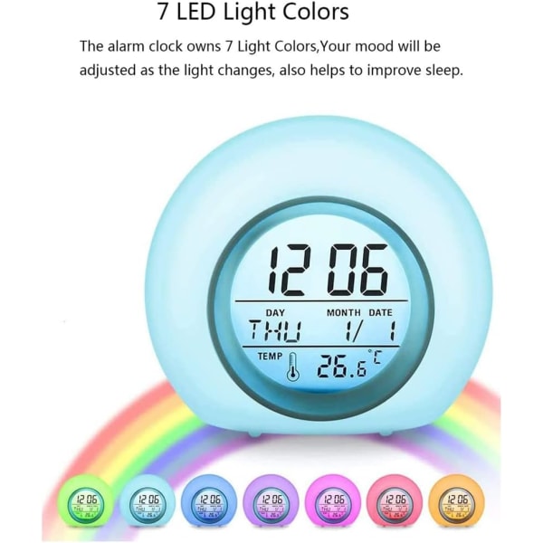Barnevekkerklokke, LED-vekkerklokker med nattlys i 7 farger, Digital Wake Up-klokke for barn, Snooze Touch