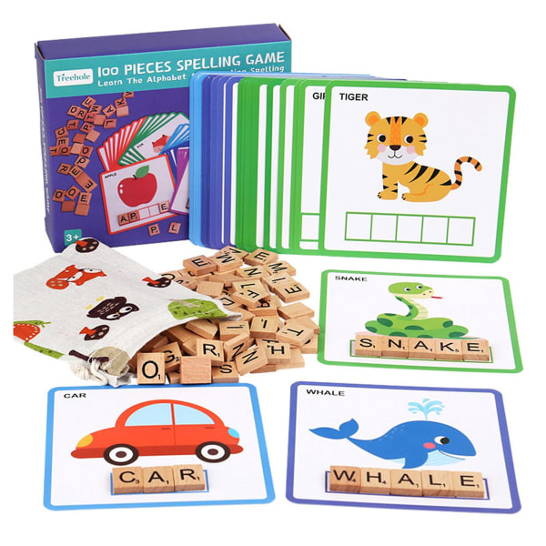 Bokstavmatchende spill Trealfabetblokker Engelske ordkort Barnelæringsleketøy