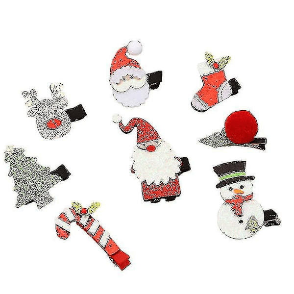 8pcs Christmas Hair Clips Headwear Glitter Santa Head Tree Deer Snowman Sock Candy Cane Barrettes Hair Accessories For Party Costume (random Pattern)