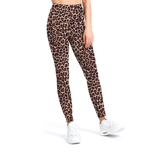 Høytlivs mønstrede leggings for kvinner - Myke og smidige treningstights med magekontroll for yoga - Leopard leggings L