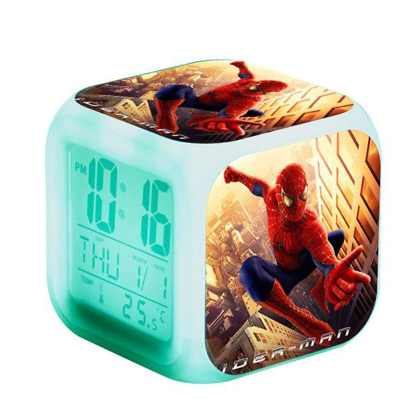 Spiderman Led digital vekkerklokke 7 Fargerikt nattlys Soveromspynt dekorasjon med tid, temperatur, alarm, dato for barn gaver B