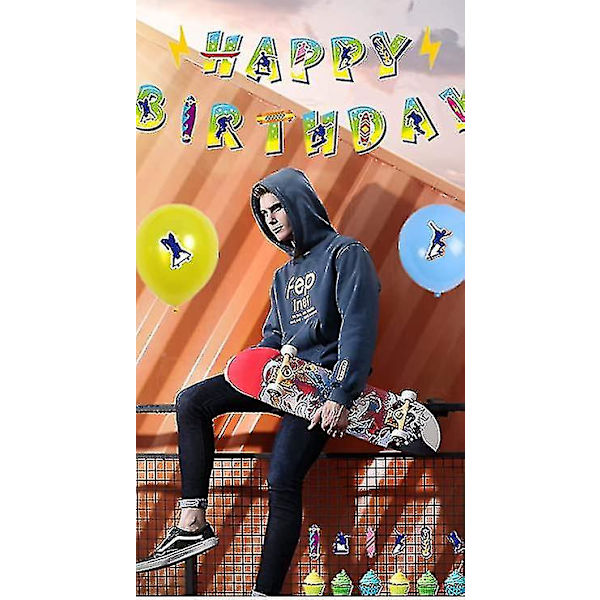 Skateboard fødselsdag dekoration Skateboard tema banner Skateboard fødselsdagsartikler Silhouette ballon Skateboard kagetop Skateboard cupcake top