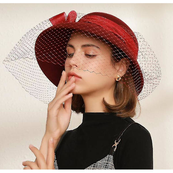 Elegant topphatt i ull av hög kvalitet, bankett, topphatt, bassänghatt, tyllmeshhatt red