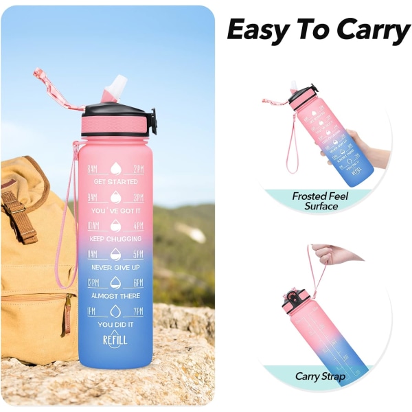 1 liter Motivational Fitness Sports vandflaske med sugerør, plastik drikkeflaske