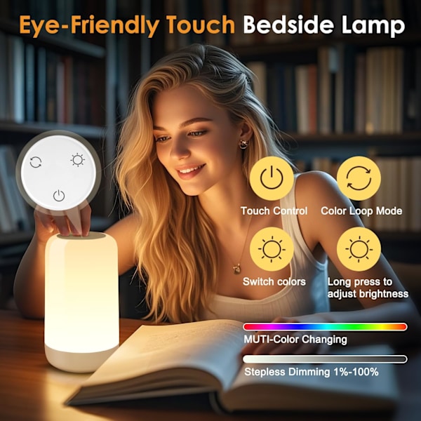 Touch-lampa för sovrum, RGB Färgskiftande Batterilampa för Sovrum, Uppladdningsbara Batteridrivna Lampor, Dimbar Nattlampa Sängbordsbelysning