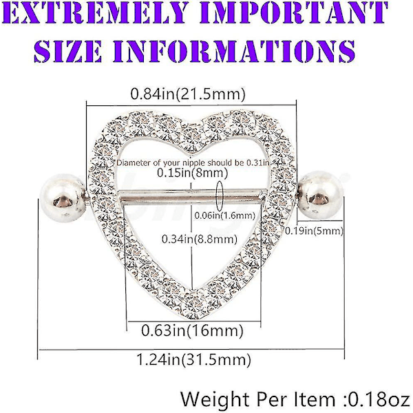 2 par Hjerte Brystvorte Ringe 316l Rustfrit Stål Brystvorte Piercing Barbell 14g To-lags ZD NJ
