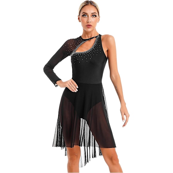 Kunstskøjteløbskjole til kvinder, langærmet lyrisk dansekjole, scenekjole, gennemsigtig mesh-gymnastikdragt, selskabskjole XL Black
