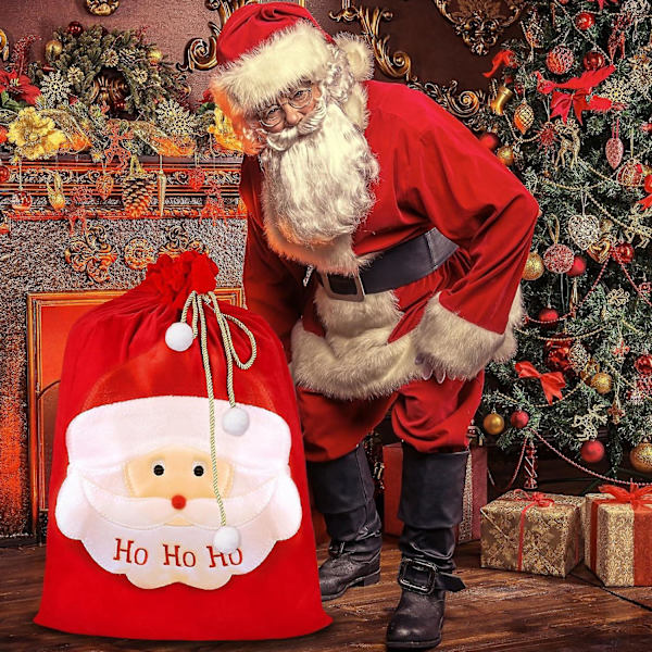 Fløjlsjulesæk - Julegavepose til julefestdekoration, stor julesæk 70 cm x 50 cm julesæk med snøre til julegave D