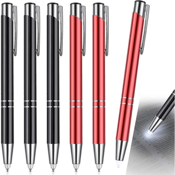 Pen med lys til at skrive i mørket, 6 stykker oplyst spids pen led lommelygte lys op kuglepen (rød + sort)