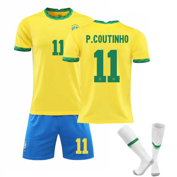 Brasil Hjem Gul skjortesett Barn Voksne Fotballdrakt Treningsskjorte nr. 11 P.COUTINHO No.11 P.COUTINHO 20