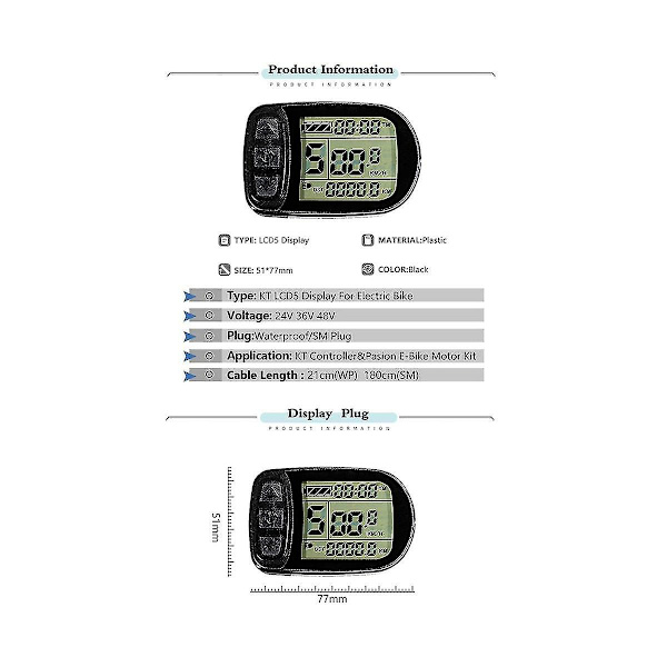 Ebike Kt-lcd5 -näyttö 24v36v48v72v 5-nastainen / vedenpitävä liitin -näyttö, yhteensopiva sähköpyörän kanssa