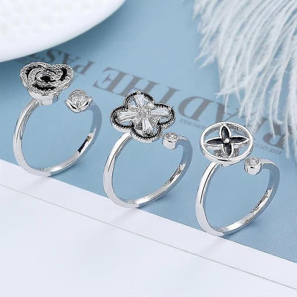 Angstdæmpende Ringe Justerbare Åbne Ringe Blomsterformede Ringe Med Zirkon B