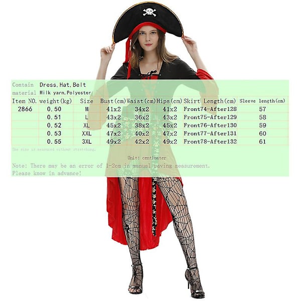 Aikuisen merirosvopuku naisille, naisten merirosvopuku aikuisille, naisten merirosvopuku, Halloween-merirosvopuku sukkineen XXL