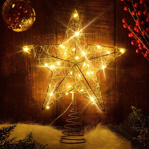 Gyllene julgransstjärnaljus på toppen av julgranens stjärnor, det finns 20 LED-lampor på toppen av julgranen