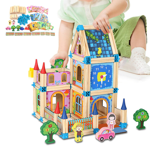Set lapsille, lelu minihahmoilla, opettavainen puinen linna pojille ja tytöille syntymäpäiväjuhlatarvikkeita (128 kpl)