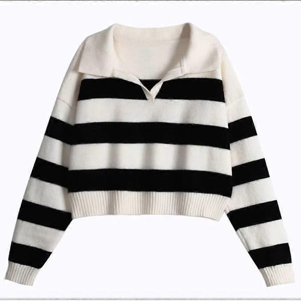 Pullover Lazy Stribet Sweater Kvinder Efterår Blød Strik Versatil Kort Langærmet Sweater Pullover Kvinde black XS