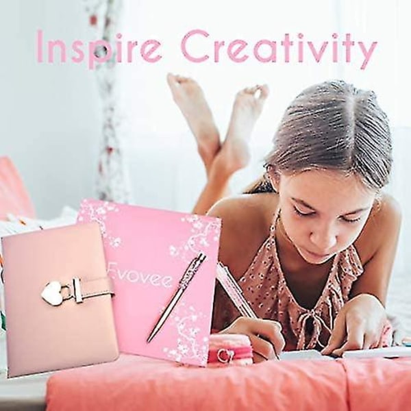 Pigedagbog med lås og nøgle til piger Hemmelige børnejournaler til piger Pink Heart Låsejournal i imiteret læder Guldforet notesbog med kuglepen Teenage-kvinder