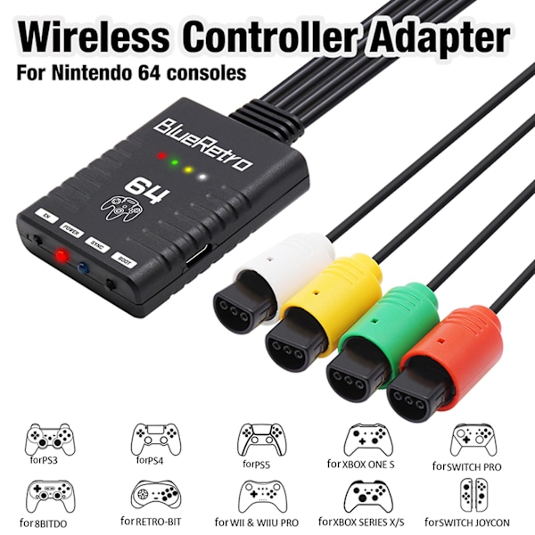 Trådløs Controller Adapter LED-indikator Ingen forsinkelse Bluetooth-kompatibel Understøtter 4 spillere Game Controller Adapter til N64 konsol_da