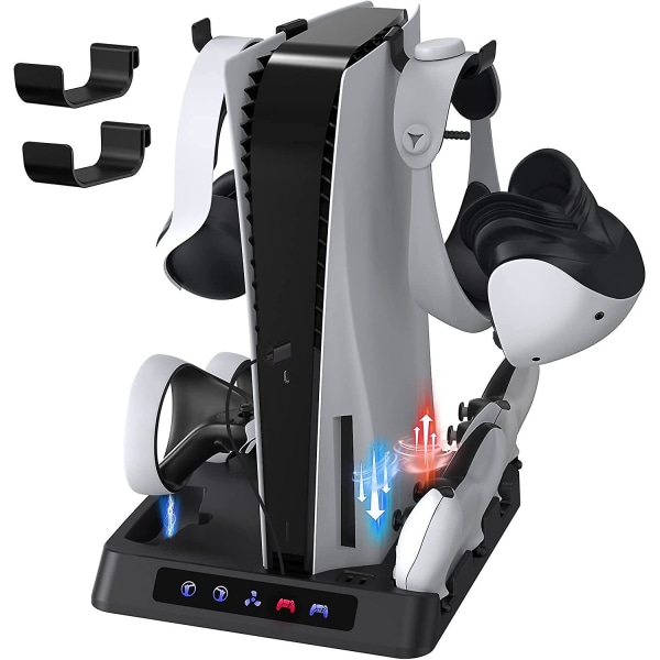 Ps5 lodret stativ med kølestation, trådløs controller opladningsstation kompatibel med Ps5 & Ps Vr2 controllere med headset holder