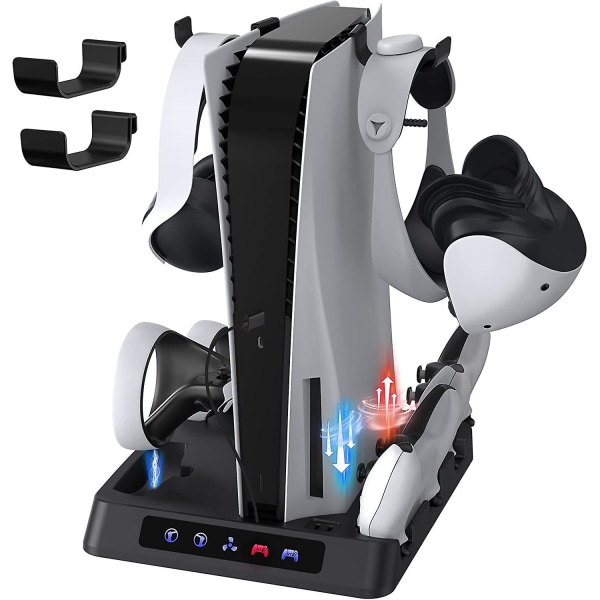 Ps5-pystysuora teline jäähdytysasemalla, langaton ohjaimen lataustelakka yhteensopiva Ps5- ja Ps Vr2 -ohjaimien kanssa kuulokemikrofonitelineellä