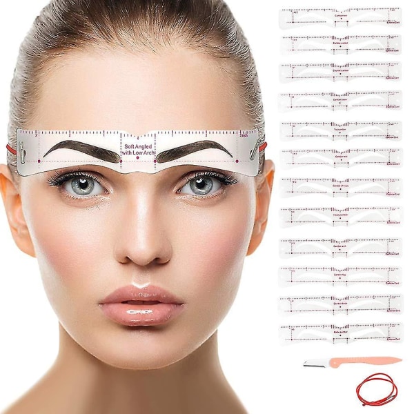 Øyenbrynssjablonger 12 stiler, gjenbrukbar øyenbrynshapersettmal med hodeslitasjestropp og øyenbrynshøvel for kvinner