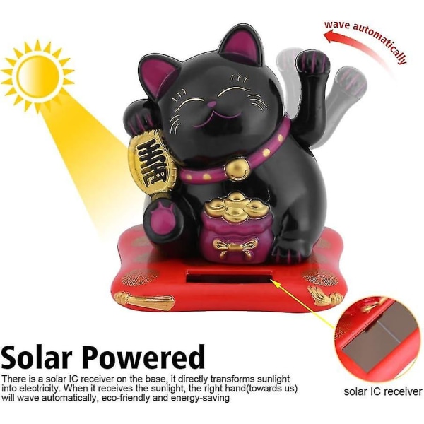 Lucky Cat Good Luck -figuuri, jossa on liikkuva käsivarsi aurinkoenergialla toimiva sisustus auton kotitoimistoon (musta)