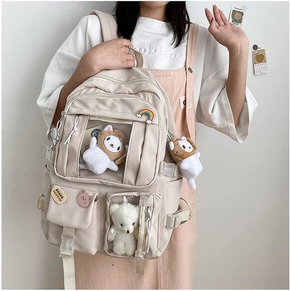 Kawaii rygsæk med bjørnevedhæng, tilbage til skoleartikler, japanske søde nåle, stor kapacitet lærreds bærbar skoletaske (khaki)