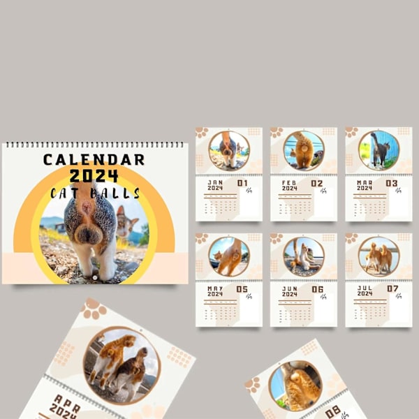 Kalender 2024 Katteballer, Katteballer Kalender 2024, Katte Buttholes Kalender, Lunefulde Og Sjove Kattebilleder Sjov Katte Butthole Kalender Gave 2pcs