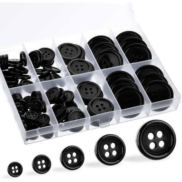 100 Pcs Resin Buttons for Sewing, 5 Sizes Flatback Sewing Buttons 4-Hole DIY Black Buttons with Storage Box, Round Mixed Buttons for Crafts(Black)