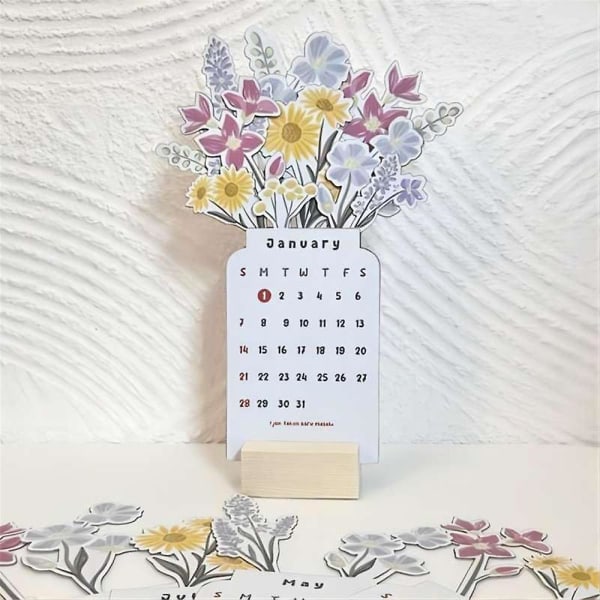 2024 Bloomy Flowers Skrivebords Kalender, Kreativ Design Vase-lignende Skrivebords Kalender Planlegger Og Notat