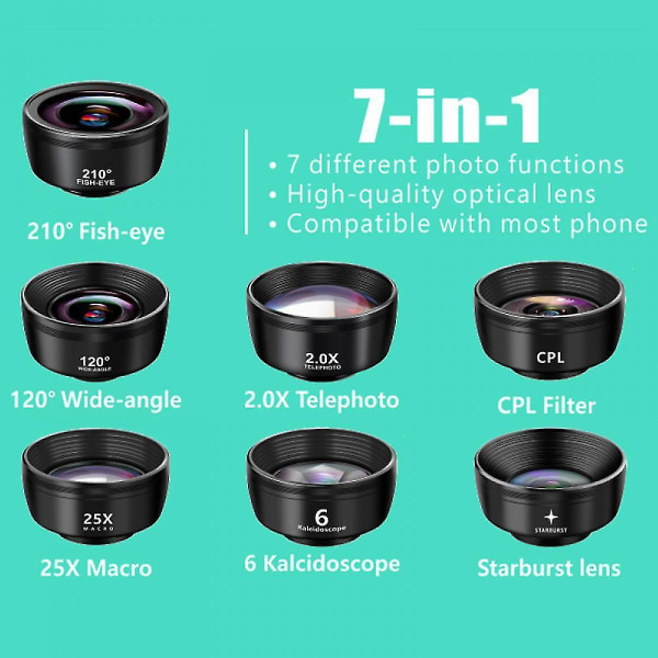 Yhdessä matkapuhelimen kameran linssisarja laajakulma-/makro-/kalansilmälinssi, joka sopii iPhonelle ja useimmille matkapuhelimille