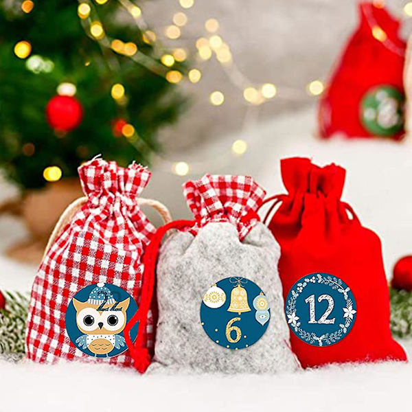 Julekalender med 24 gjenbrukbare godterigaver med snøring og poser til DIY